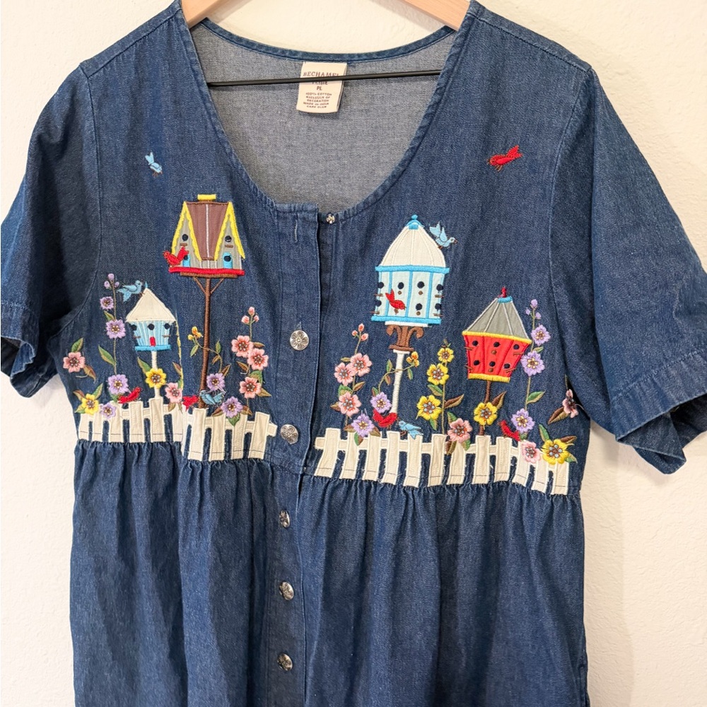 Vintage Bechamel Denim Dress Petite PL Birdhouse Embroidered Cottagecore - Picture 2 of 5